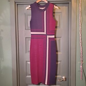 Vince Camuto knit fitted color block midi sheath dress size S